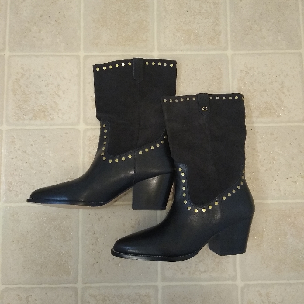 NWT Coach Pheobe Leather Boots Bootie Western Cowboy Inspired Black 8.5